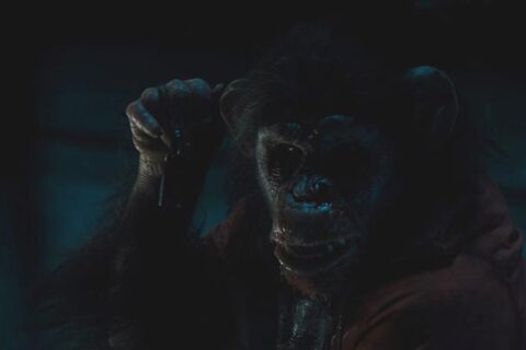 Primate 2025 Movie Scene Ben the killer monkey or chimpanzee holding the car keys in his hand