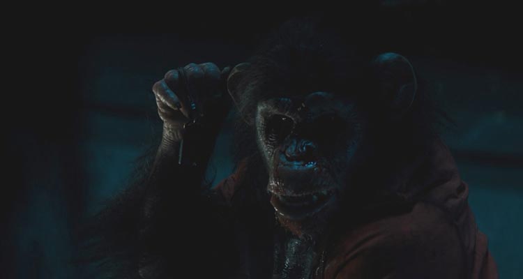 Primate 2025 Movie Scene Ben the killer monkey or chimpanzee holding the car keys in his hand