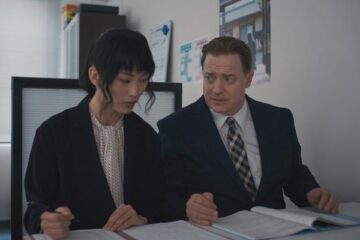 Rental Family 2025 Movie Scene Brendan Fraser as Phillip Vanderploeg and Mari Yamamoto as Aiko working on the script for his next role of a father
