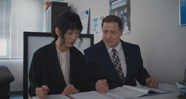 Rental Family 2025 Movie Scene Brendan Fraser as Phillip Vanderploeg and Mari Yamamoto as Aiko working on the script for his next role of a father