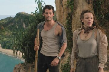 Send Help 2026 Movie Scene Rachel McAdams as Linda Liddle and Dylan O'Brien as Bradley Preston standing on the edge of the cliff on an uninhabited island