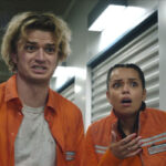 Cold Storage 2026 Movie Scene Joe Keery as Teacake and Georgina Campbell as Naomi surprised and disgusted by the infected fungus humans
