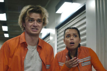 Cold Storage 2026 Movie Scene Joe Keery as Teacake and Georgina Campbell as Naomi surprised and disgusted by the infected fungus humans