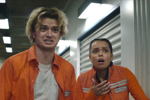 Cold Storage 2026 Movie Scene Joe Keery as Teacake and Georgina Campbell as Naomi surprised and disgusted by the infected fungus humans