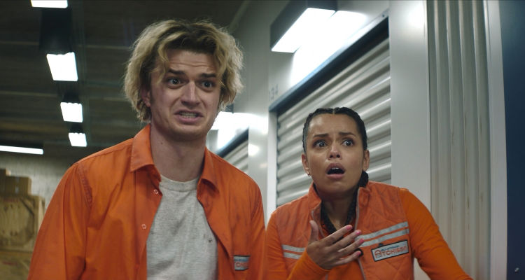 Cold Storage 2026 Movie Scene Joe Keery as Teacake and Georgina Campbell as Naomi surprised and disgusted by the infected fungus humans
