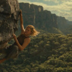Apex 2026 Movie Scene Charlize Theron as Sasha hanging on the edge of the cliff