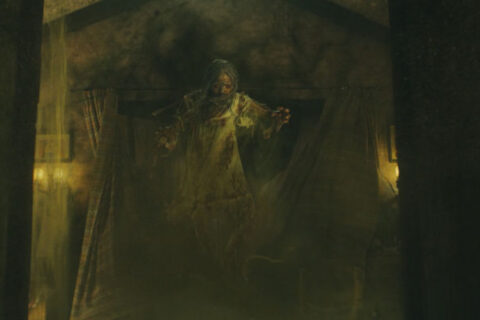 Lee Cronins The Mummy 2026 Movie Scene Natalie Grace as Katie Cannon possessed by a demon flying in her room