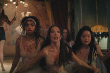 Pretty Lethal 2026 Movie Scene Maddie Ziegler as Bones, Lana Condor as Princess, Avantika as Grace and Millicent Simmonds as Chloe trying to convince bad guys not to kill them