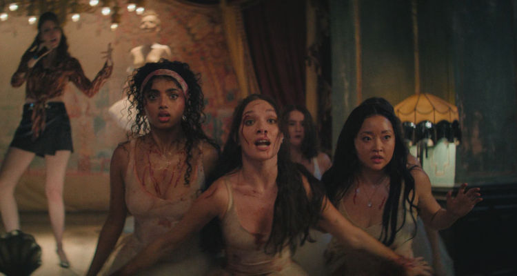 Pretty Lethal 2026 Movie Scene Maddie Ziegler as Bones, Lana Condor as Princess, Avantika as Grace and Millicent Simmonds as Chloe trying to convince bad guys not to kill them