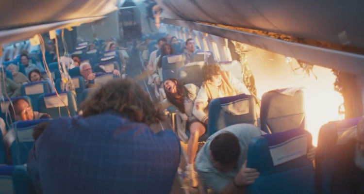 Deep Water 2026 Movie Scene Airplane going down with the side of it missing