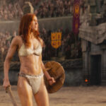 Red Sonja 2025 Movie Scene Matilda Lutz as Sonja wearing small armor in the arena