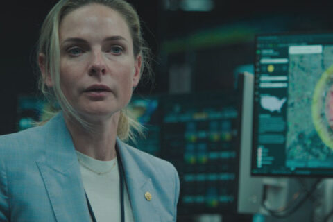 A House of Dynamite 2025 Movie Scene Rebecca Ferguson as Captain Olivia Walker realizing that a nuclear warhead is heading to the US